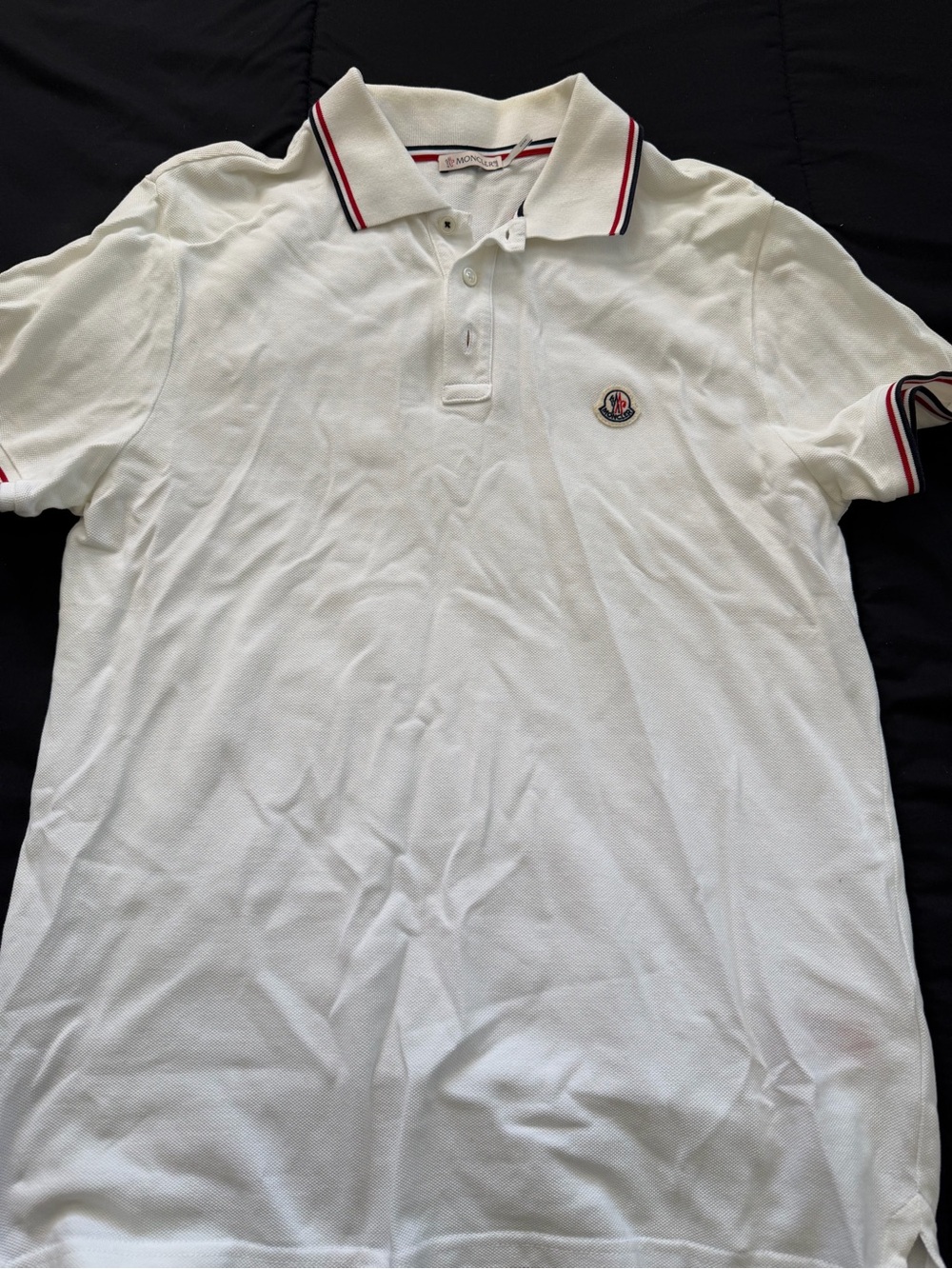 Moncler White Polo with Red and Navy Stripe Trim